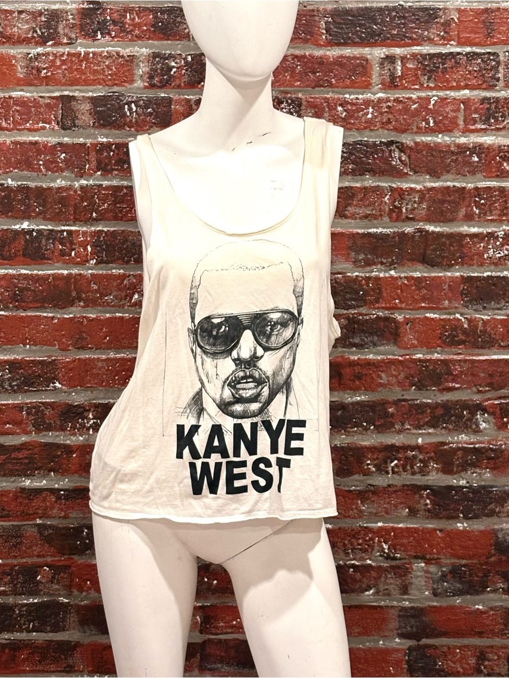 Divided Kanye West White Graphic Scoop Neck Tank with Black Print